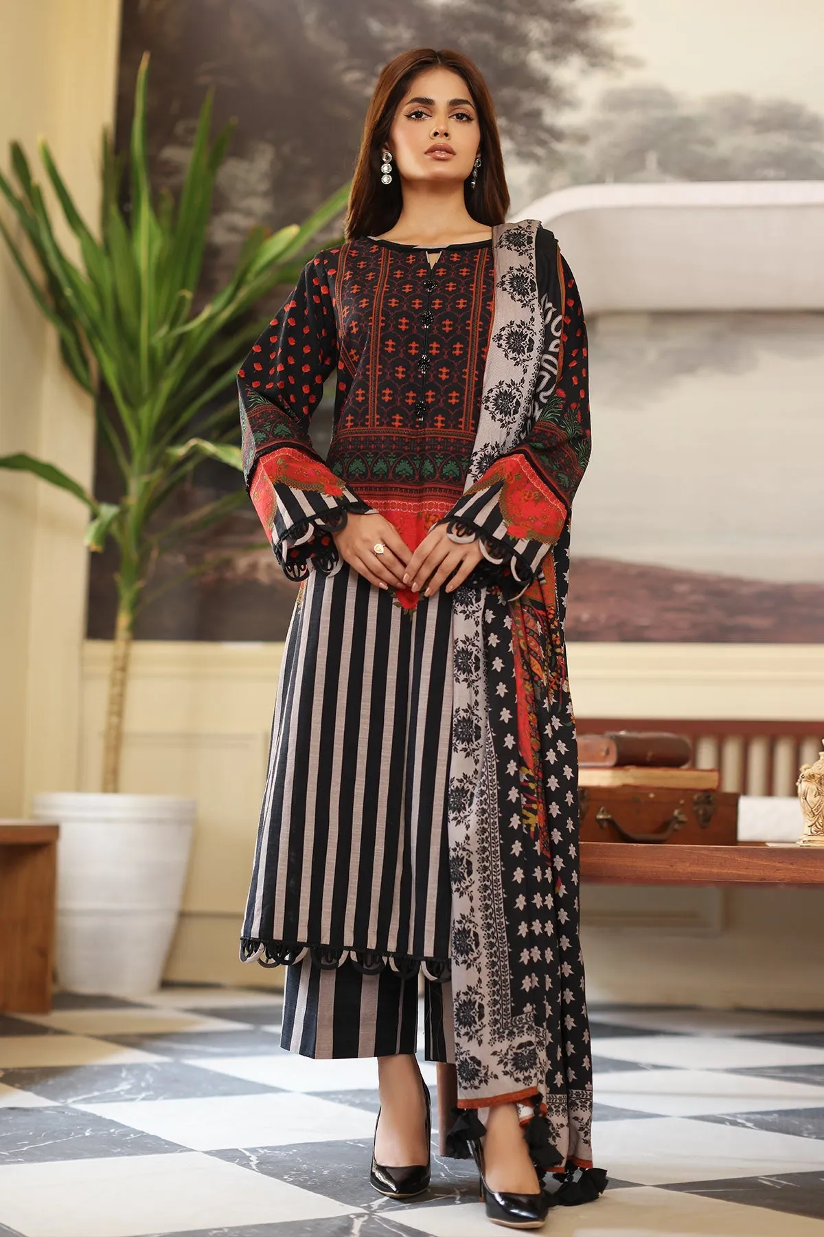 3-Piece Printed Khaddar Shirt with Woolen Shawl CVW3-03