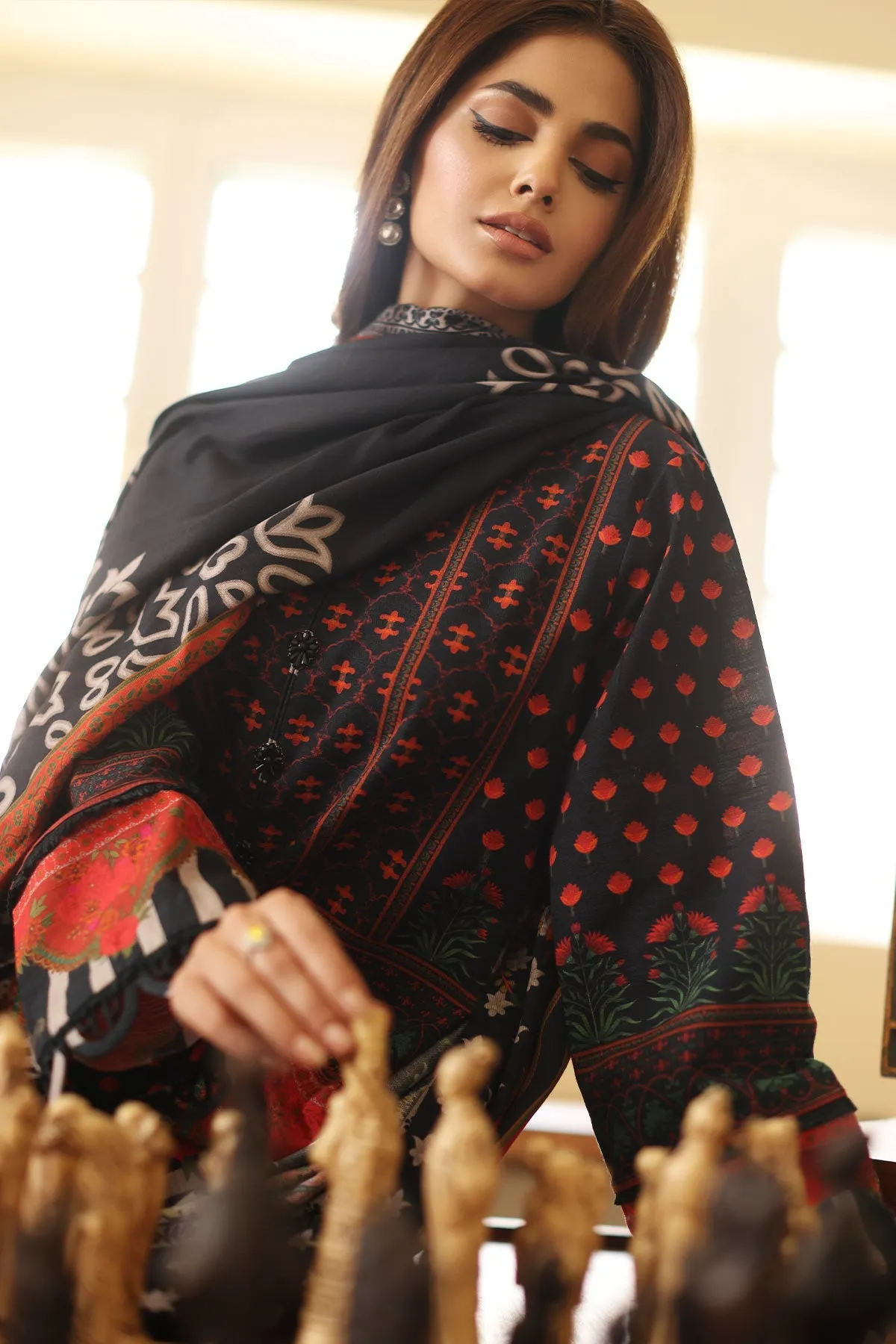 3-Piece Printed Khaddar Shirt with Woolen Shawl CVW3-03