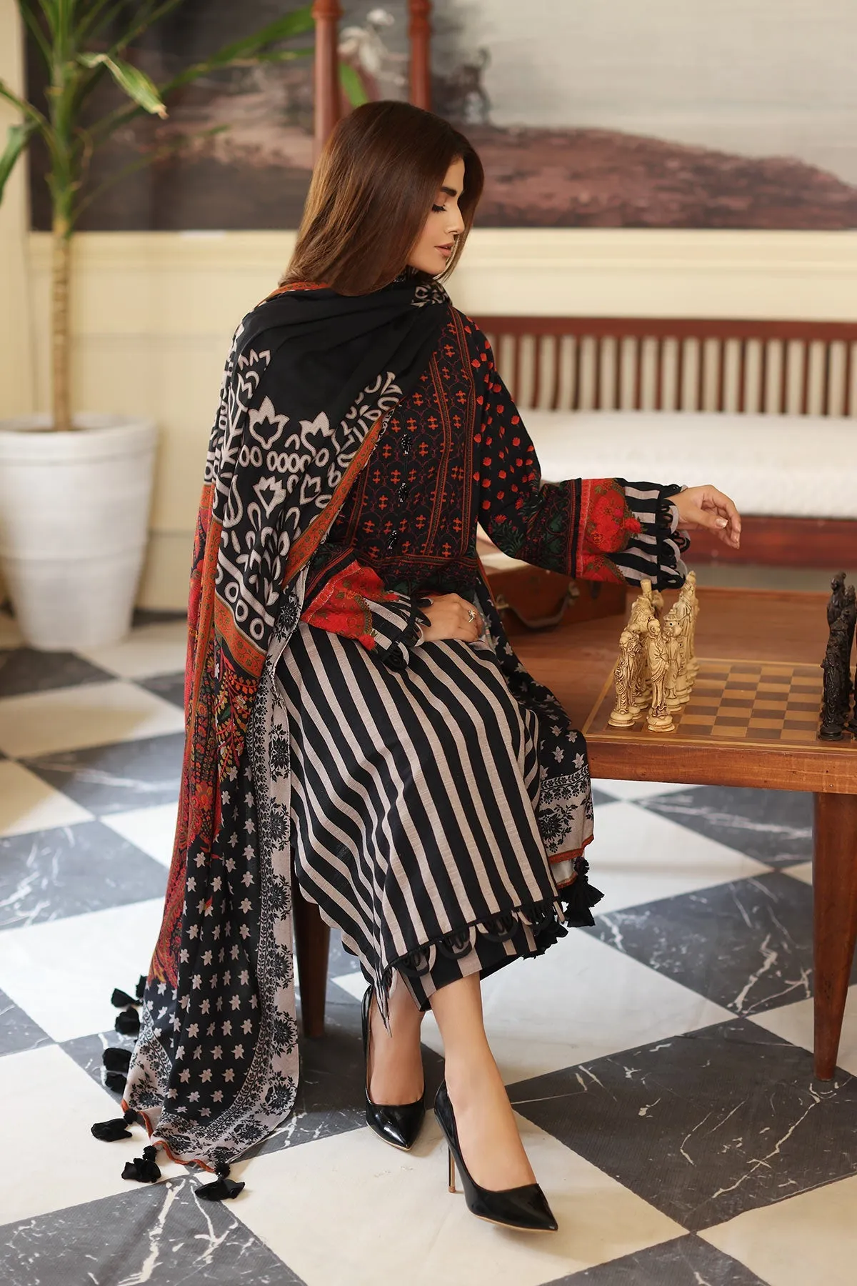 3-Piece Printed Khaddar Shirt with Woolen Shawl CVW3-03