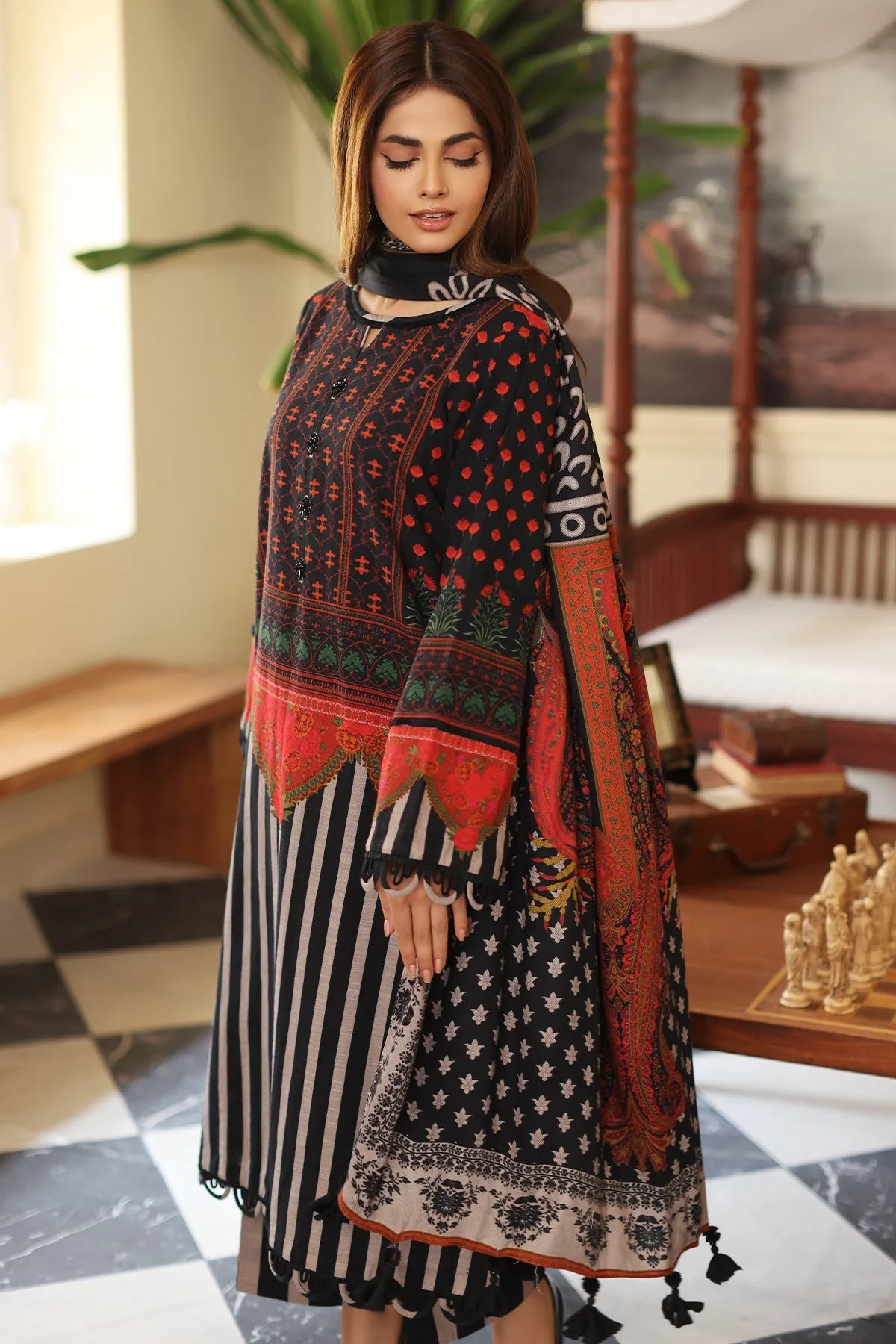 3-Piece Printed Khaddar Shirt with Woolen Shawl CVW3-03