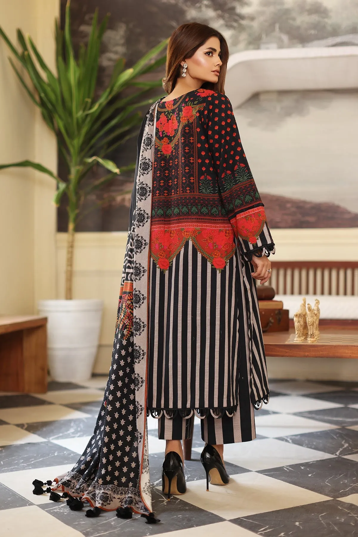 3-Piece Printed Khaddar Shirt with Woolen Shawl CVW3-03