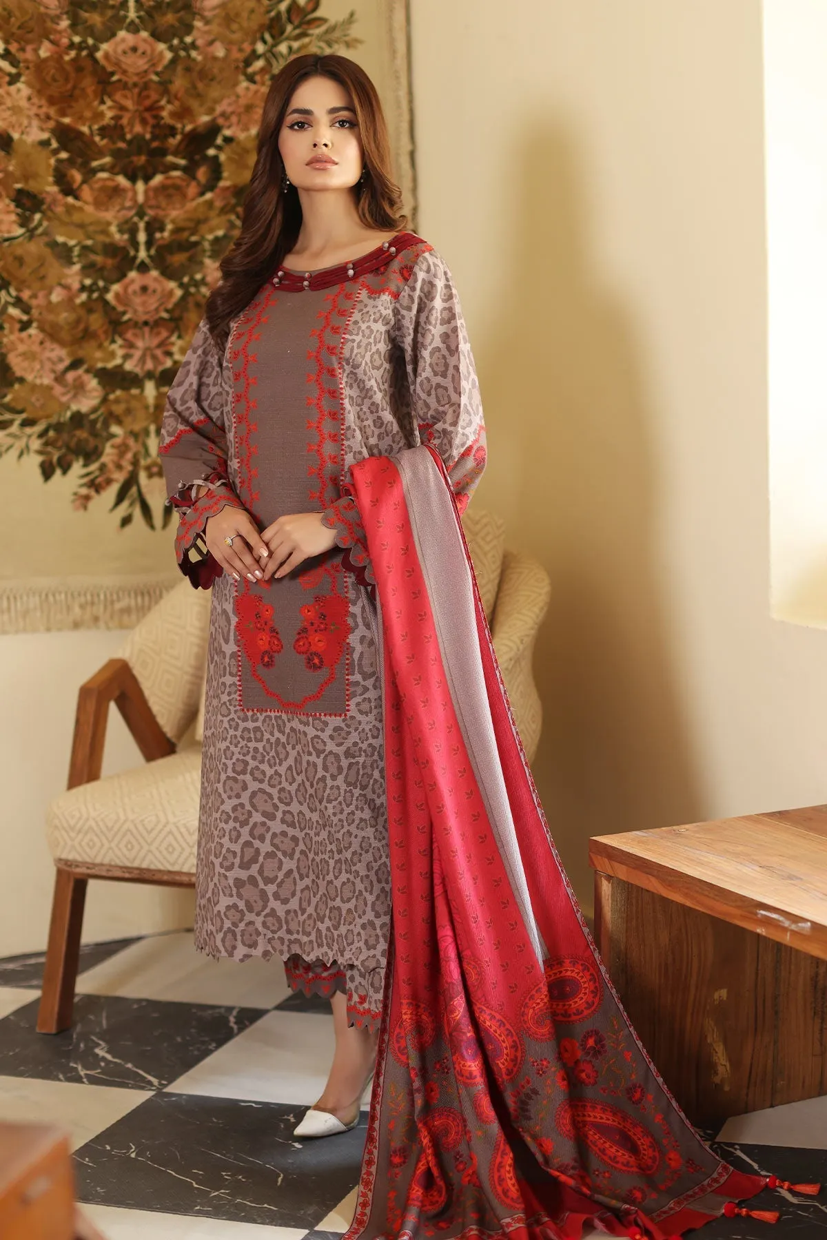 3-Piece Printed Khaddar Shirt with Woolen Shawl CVW3-08