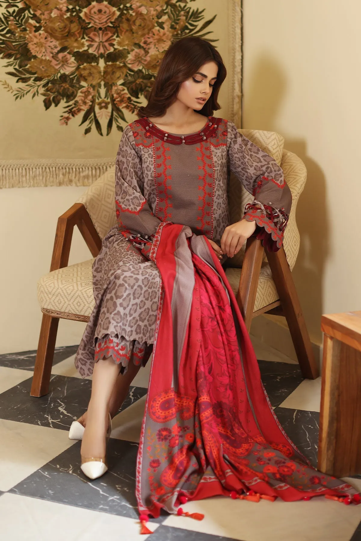 3-Piece Printed Khaddar Shirt with Woolen Shawl CVW3-08