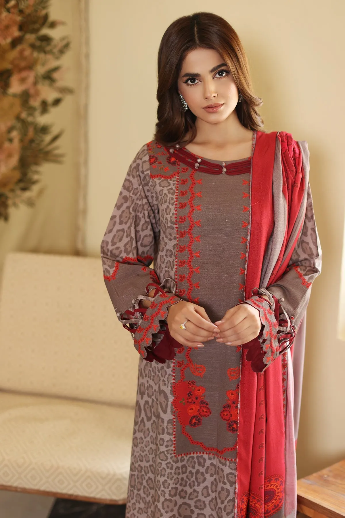 3-Piece Printed Khaddar Shirt with Woolen Shawl CVW3-08