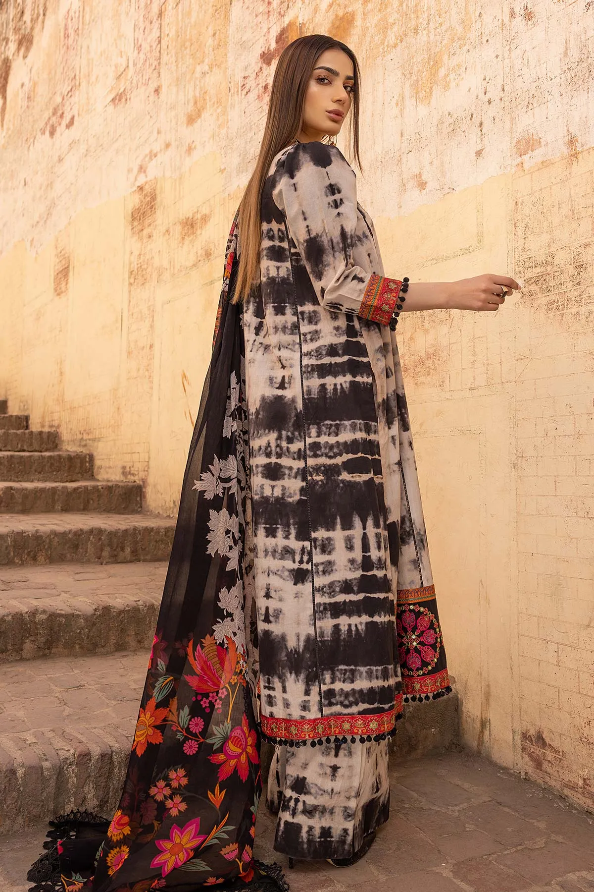 3-Piece Tie-Dye Cotton Long Shirt, Trouser, and Printed Chiffon Dupatta - FFP23-15 B