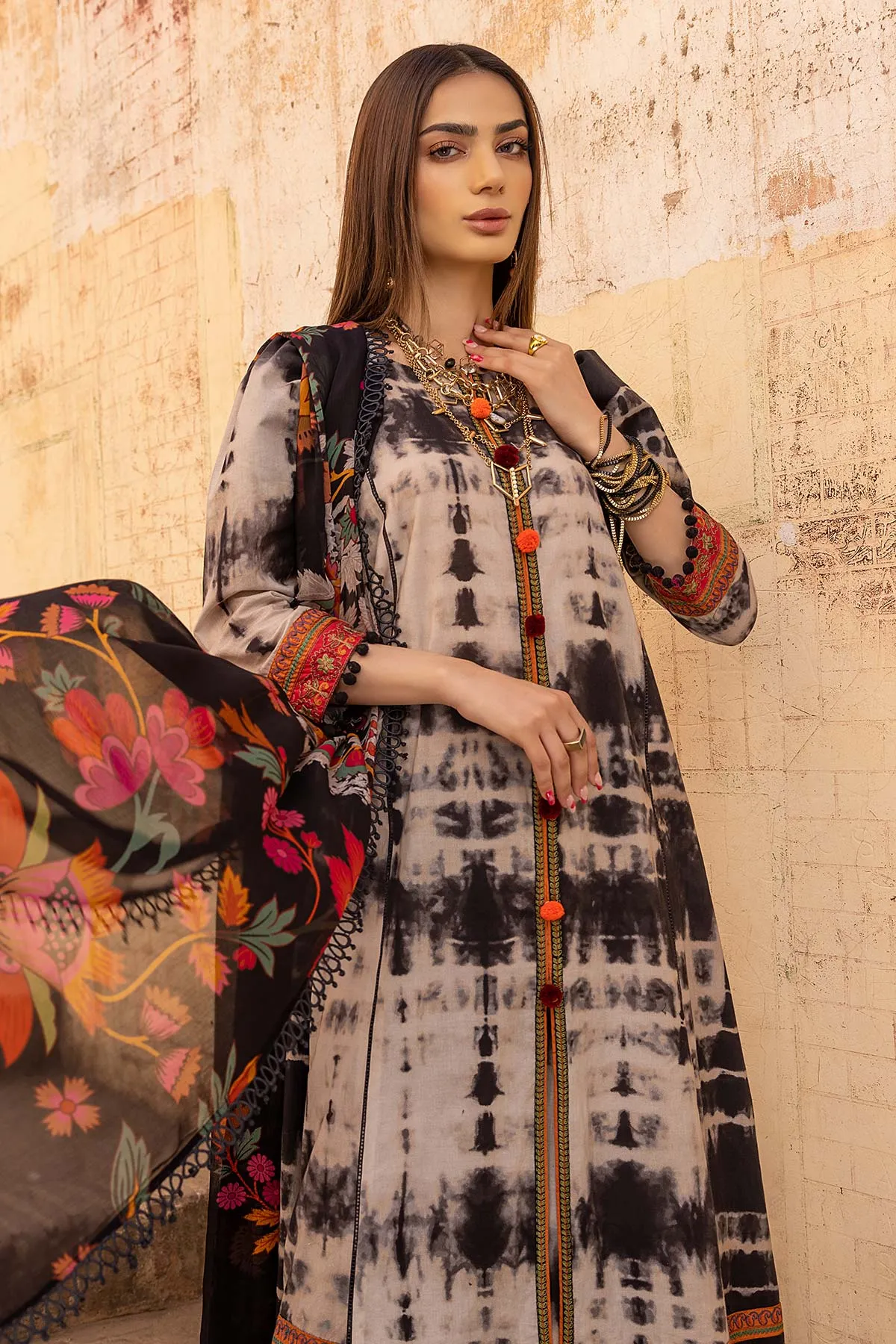 3-Piece Tie-Dye Cotton Long Shirt, Trouser, and Printed Chiffon Dupatta - FFP23-15 B