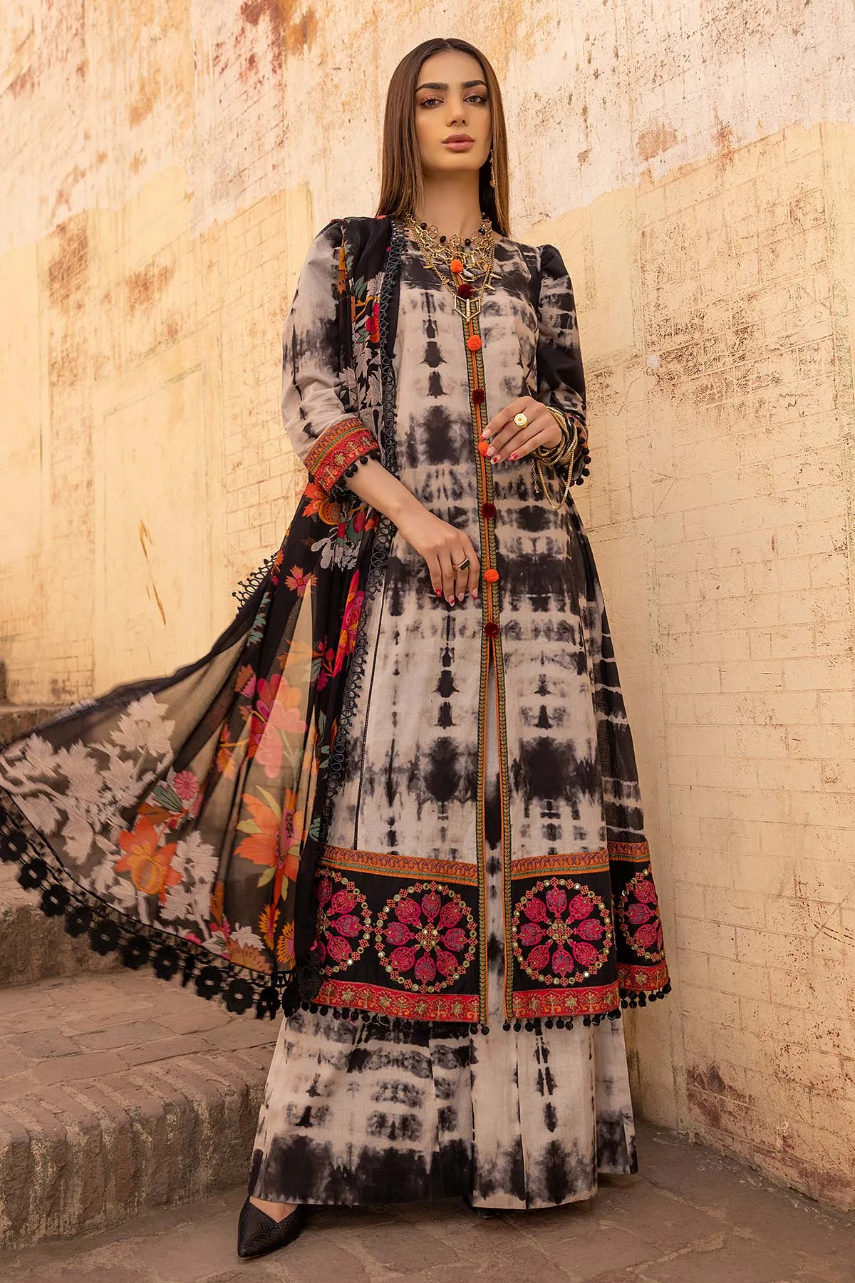 3-Piece Tie-Dye Cotton Long Shirt, Trouser, and Printed Chiffon Dupatta - FFP23-15 B