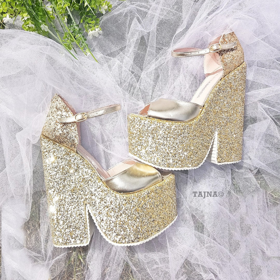 ankle strap gold platform wedge sandals