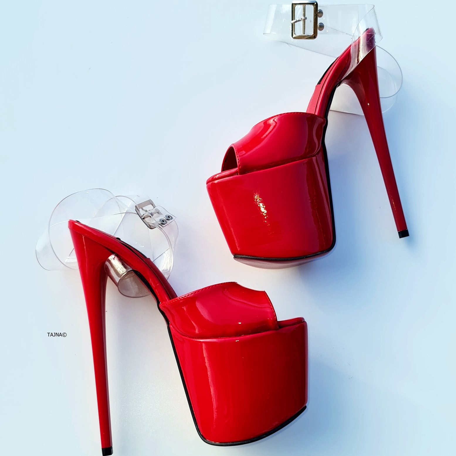 Ankle Strap Red Gloss High Heel Sandals with Transparent Design