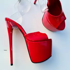 Ankle Strap Red Gloss High Heel Sandals with Transparent Design