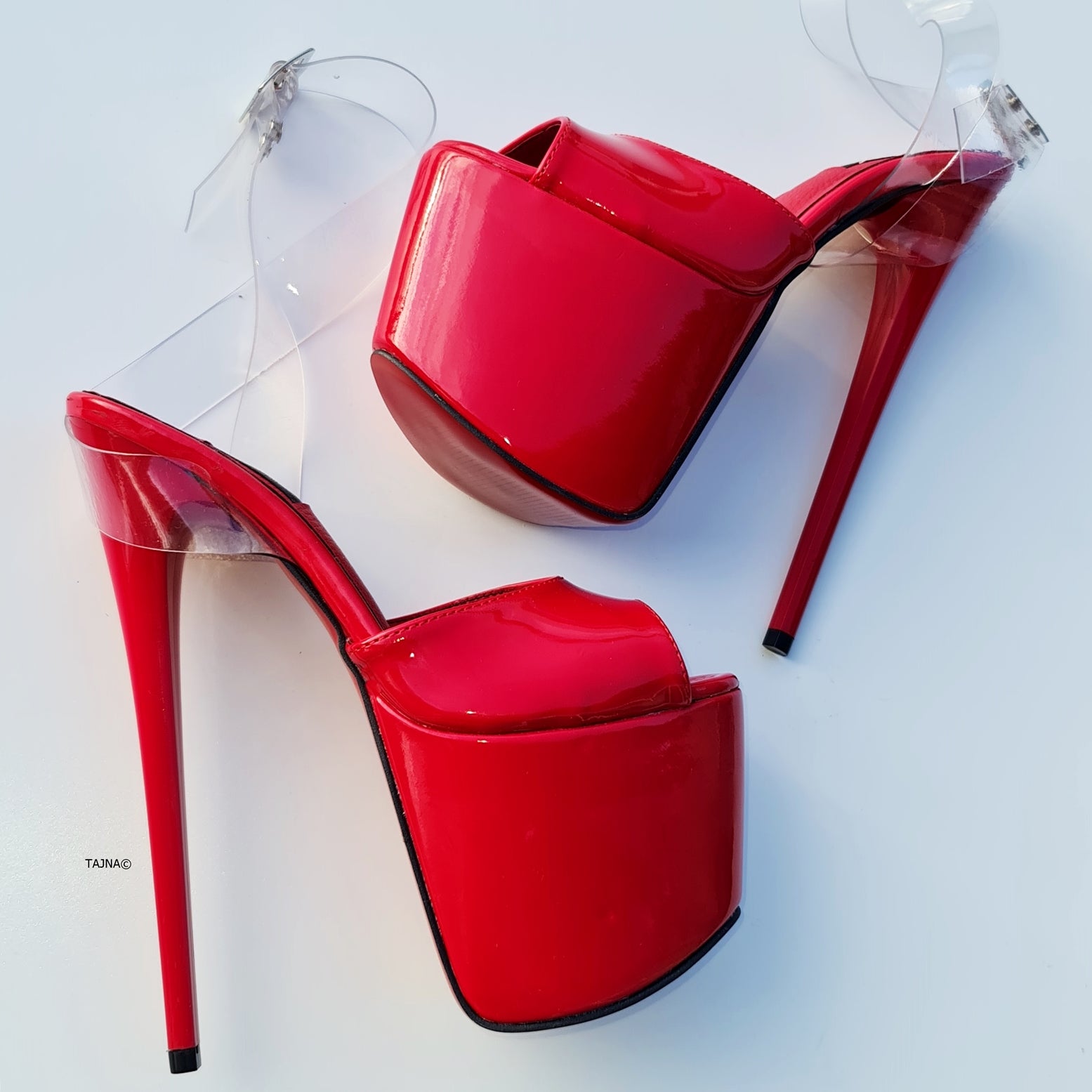 Ankle Strap Red Gloss High Heel Sandals with Transparent Design