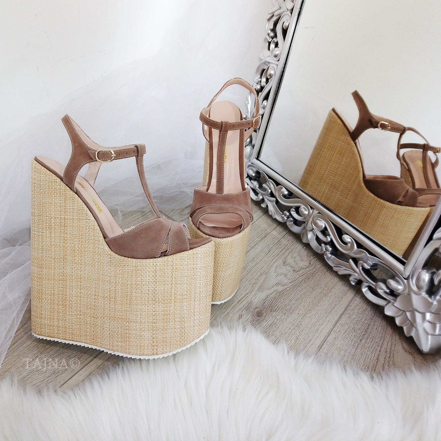 Ankle Strap Sandals - Beige Brown High Heel Sandals