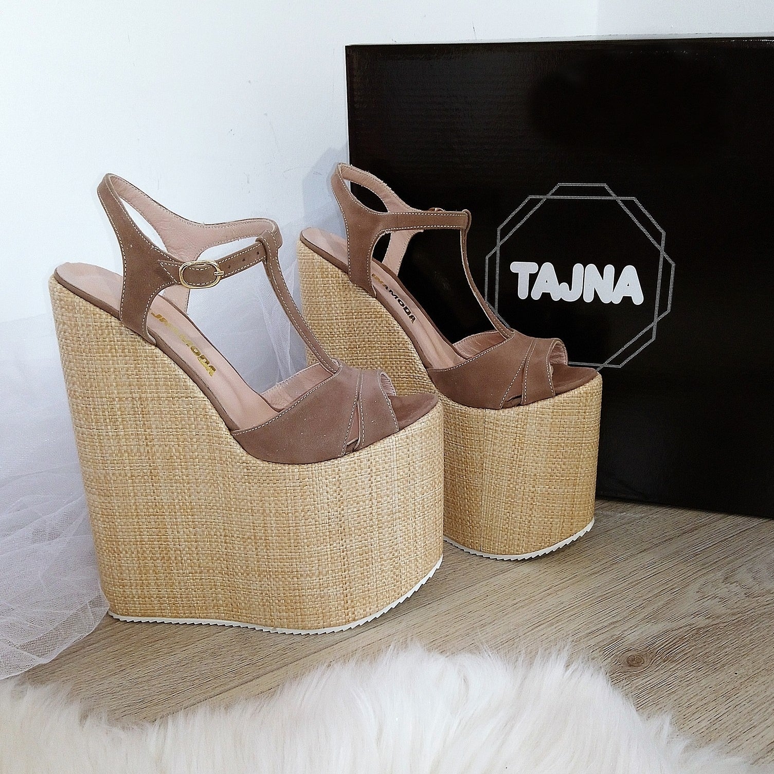 Ankle Strap Sandals - Beige Brown High Heel Sandals