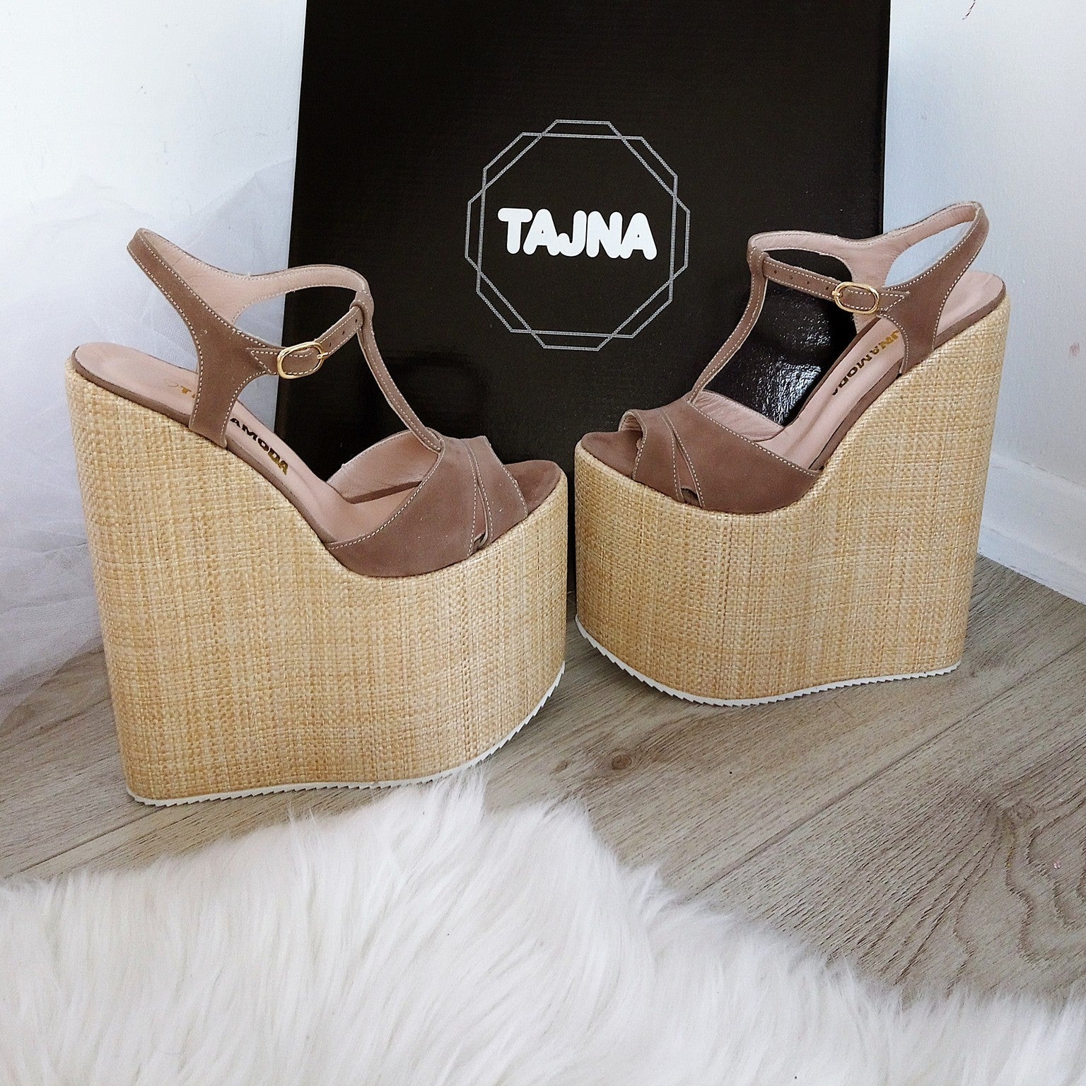 Ankle Strap Sandals - Beige Brown High Heel Sandals