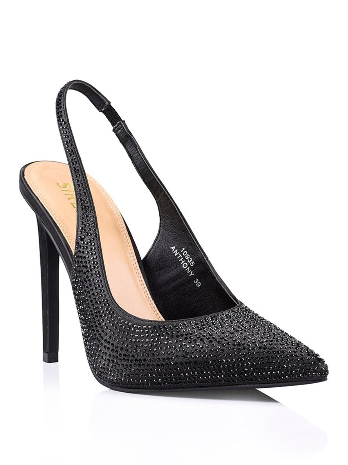 Anthony Stiletto Heels - Black Satin Rhinestone | Shop Now