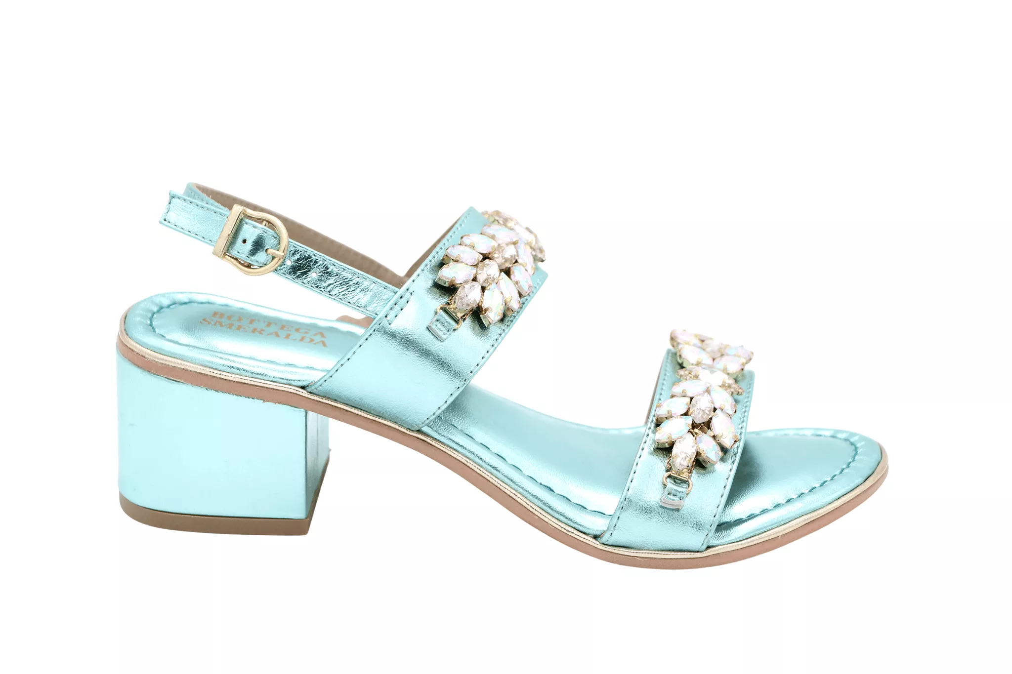 Aqua Blue Leather Embellished Block Heel Sandal by BOTTEGA