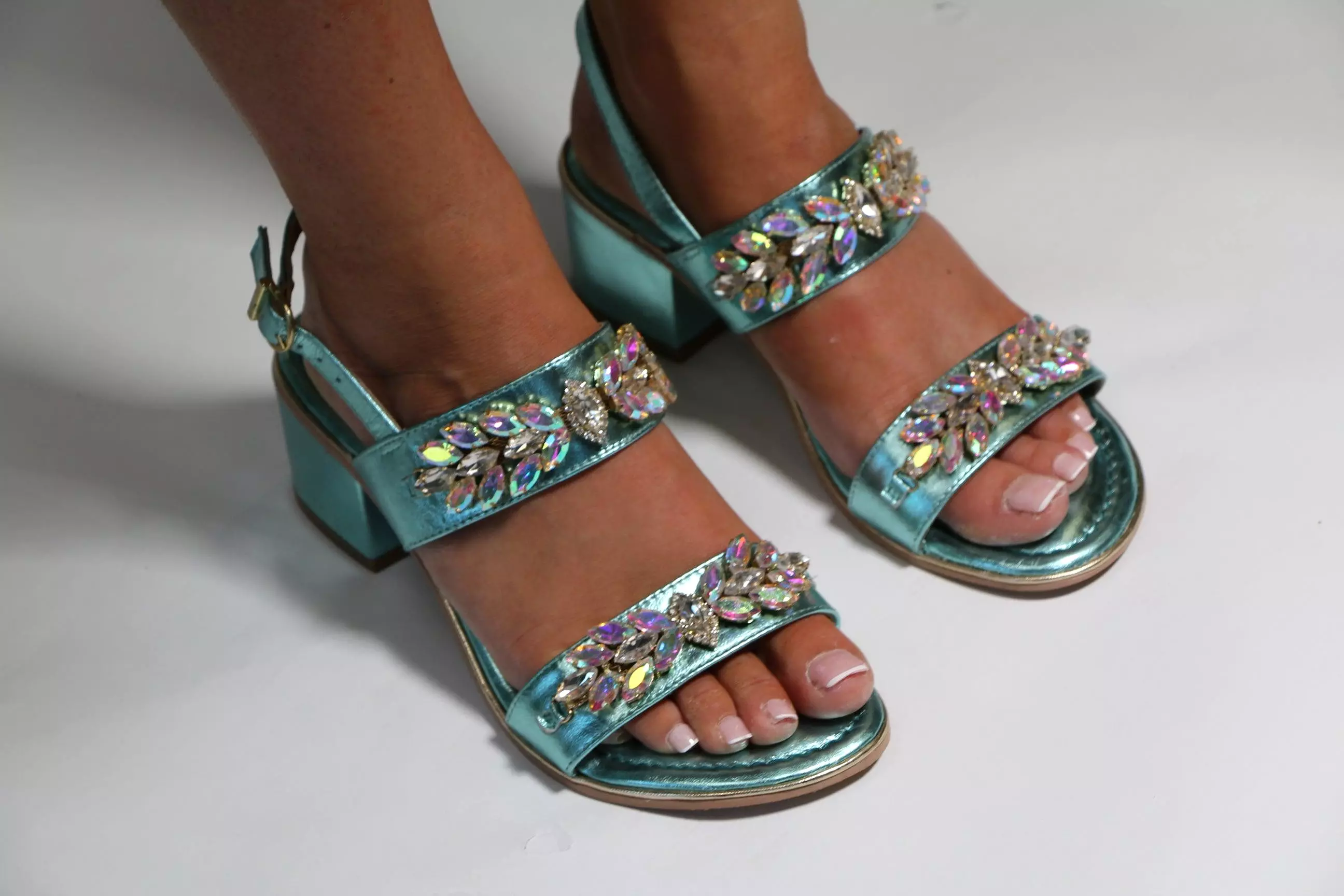 Aqua Blue Leather Embellished Block Heel Sandal by BOTTEGA