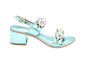 Aqua Blue Leather Embellished Block Heel Sandal by BOTTEGA