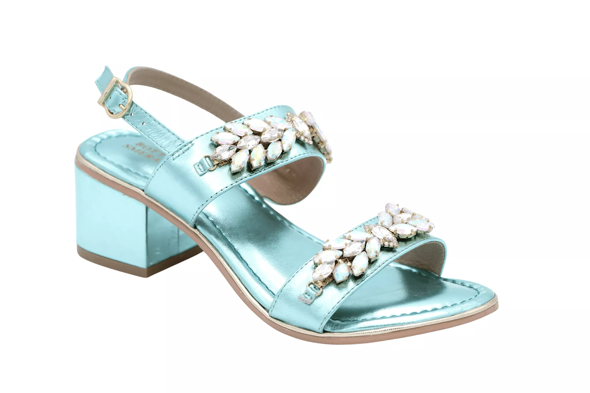 Aqua Blue Leather Embellished Block Heel Sandal by BOTTEGA