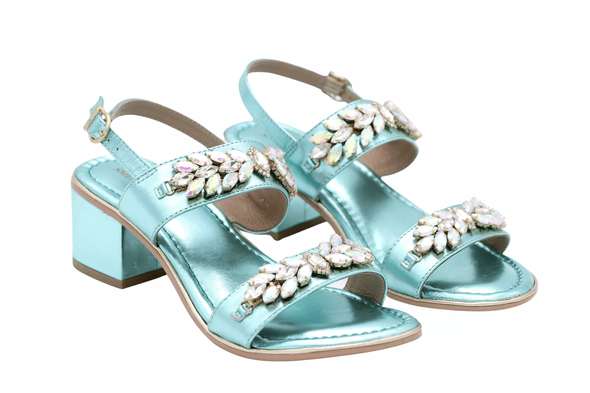 Aqua Blue Leather Embellished Block Heel Sandal by BOTTEGA