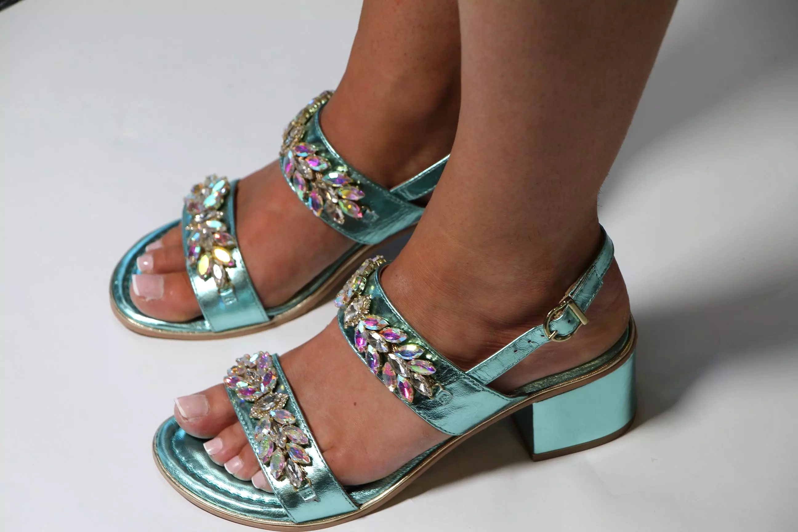 Aqua Blue Leather Embellished Block Heel Sandal by BOTTEGA