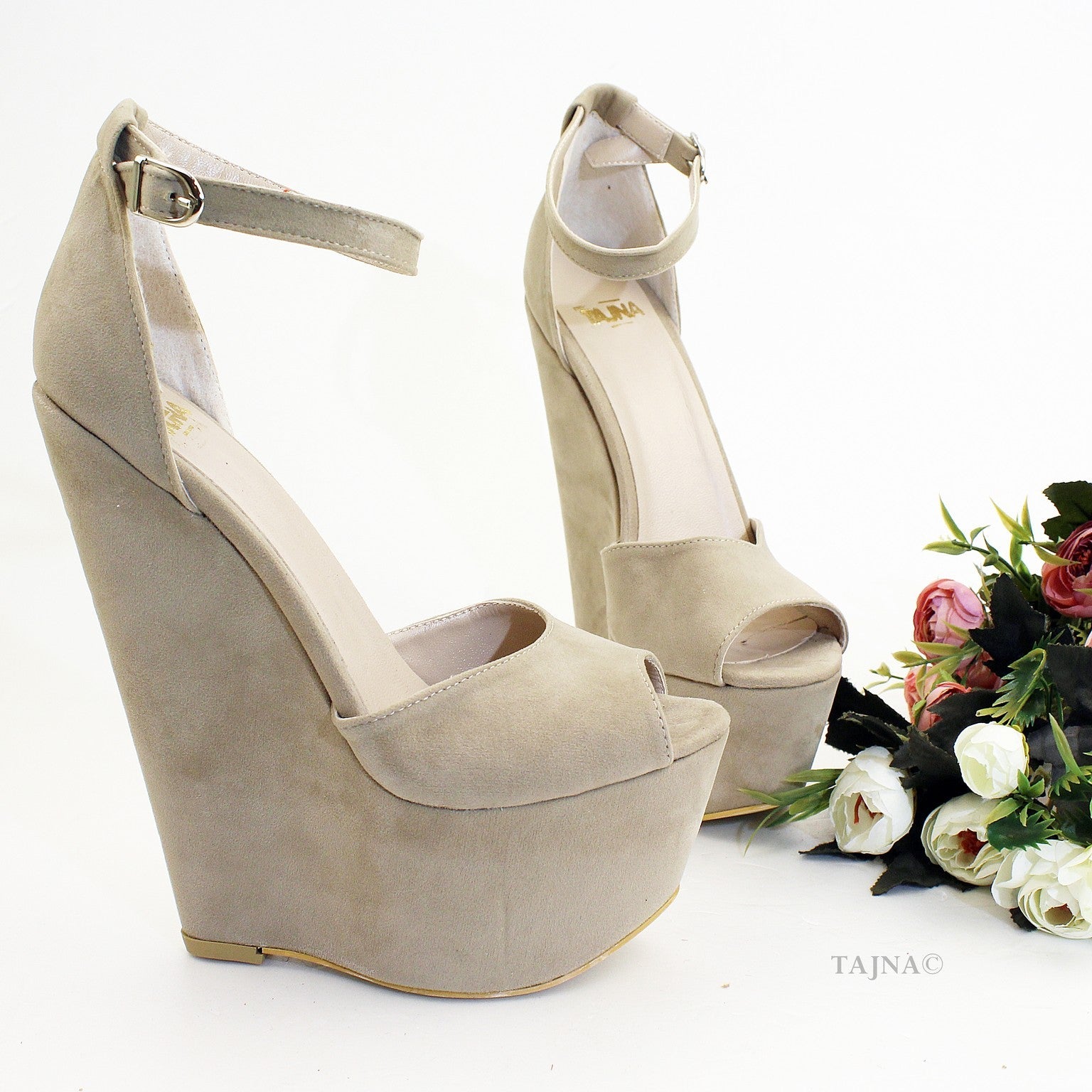 Beige Faux Suede Wedge Sandals with Ankle Strap