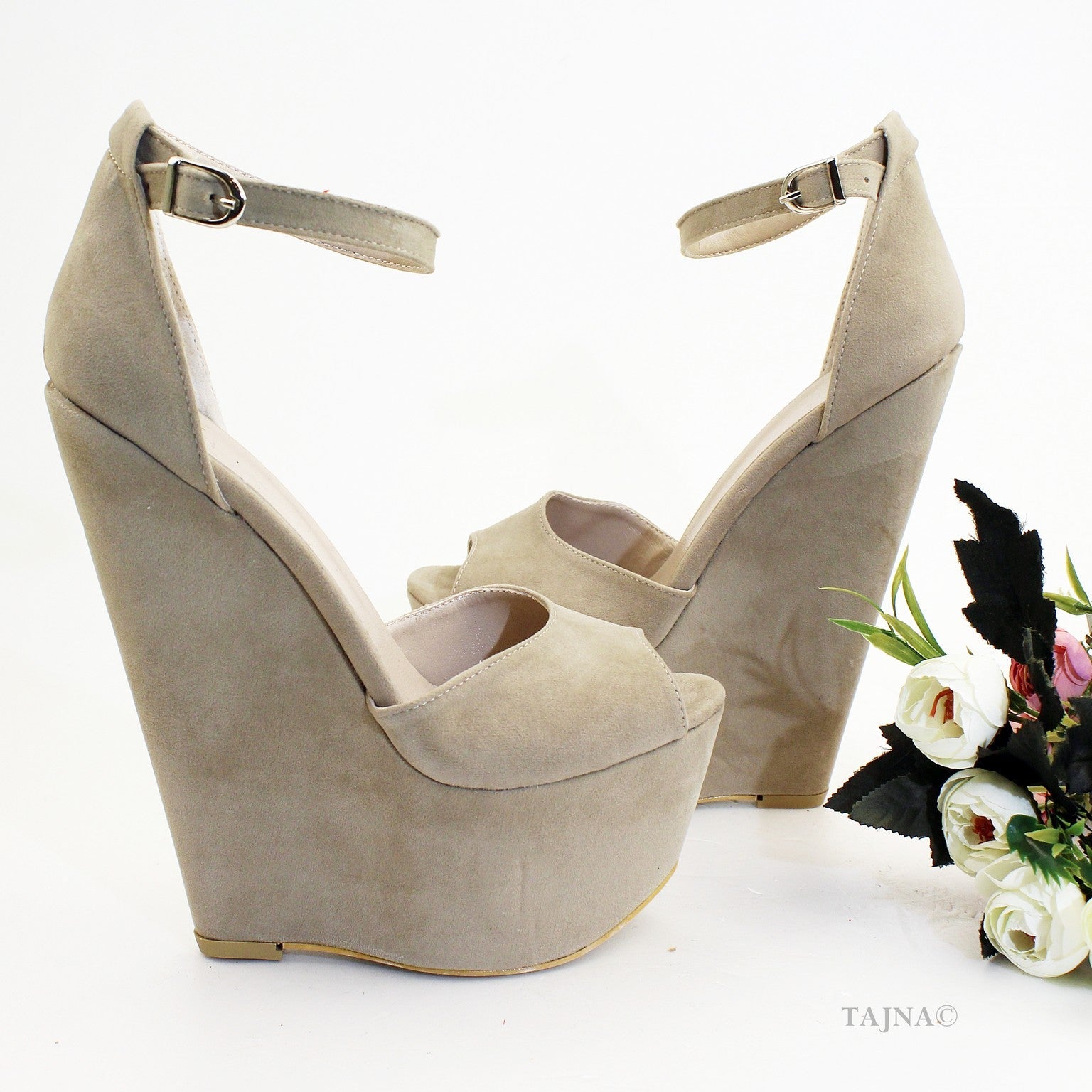 Beige Faux Suede Wedge Sandals with Ankle Strap