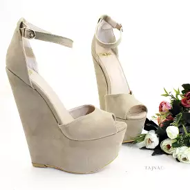 Beige Faux Suede Wedge Sandals with Ankle Strap