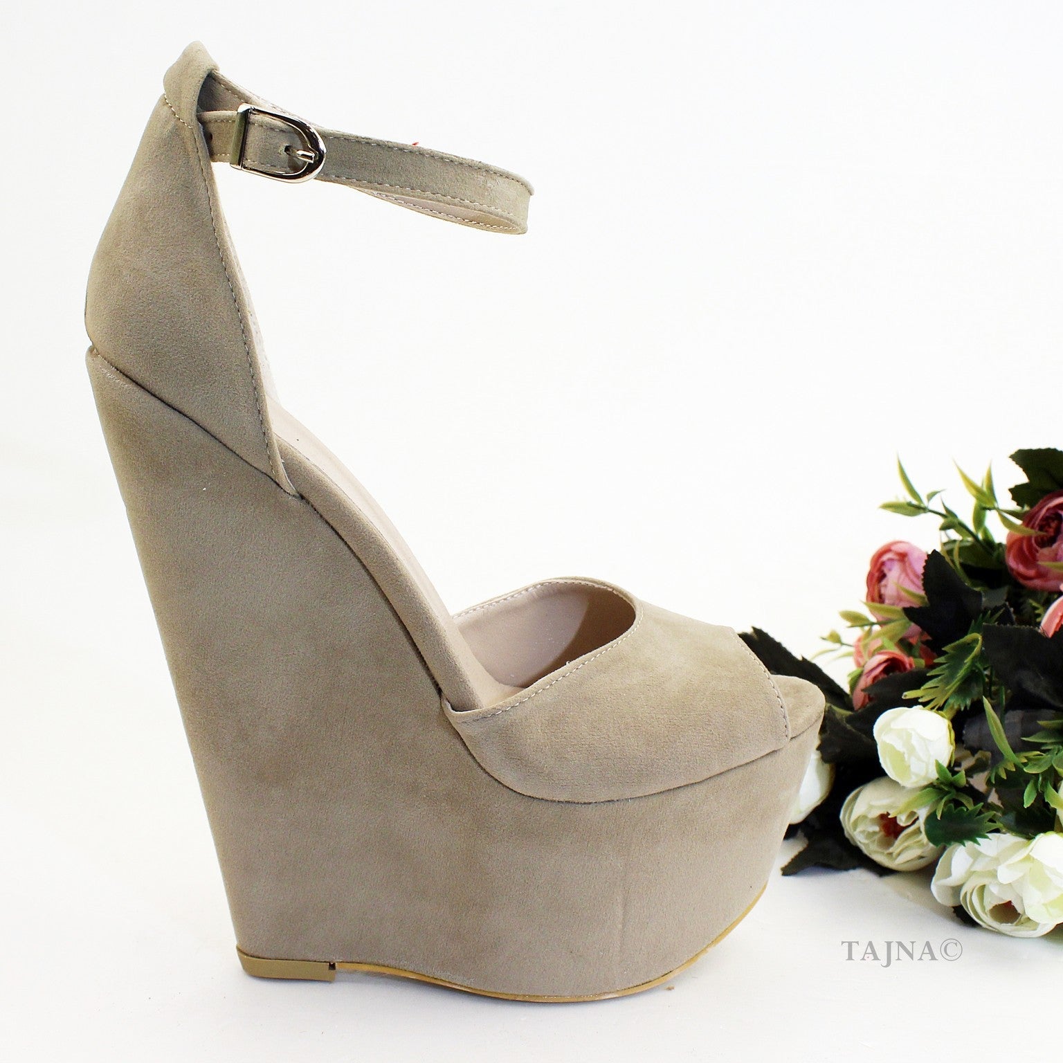 Beige Faux Suede Wedge Sandals with Ankle Strap