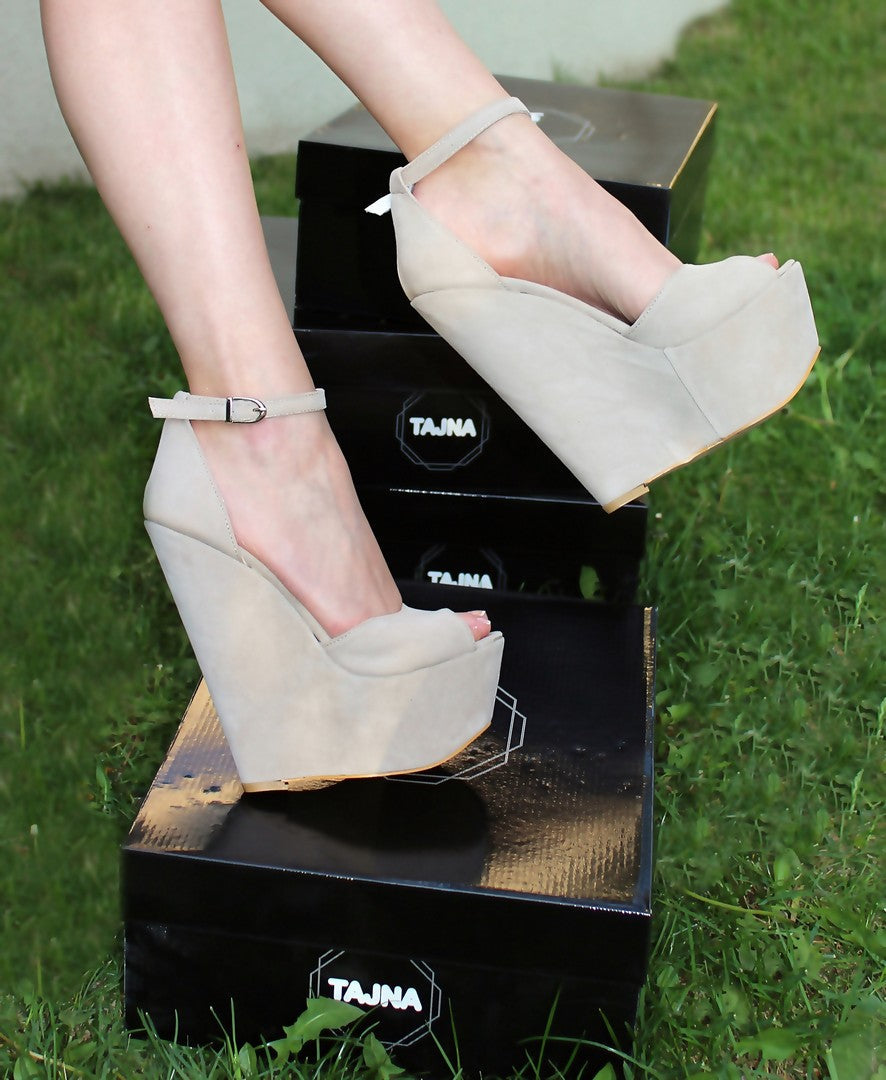 Beige Faux Suede Wedge Sandals with Ankle Strap