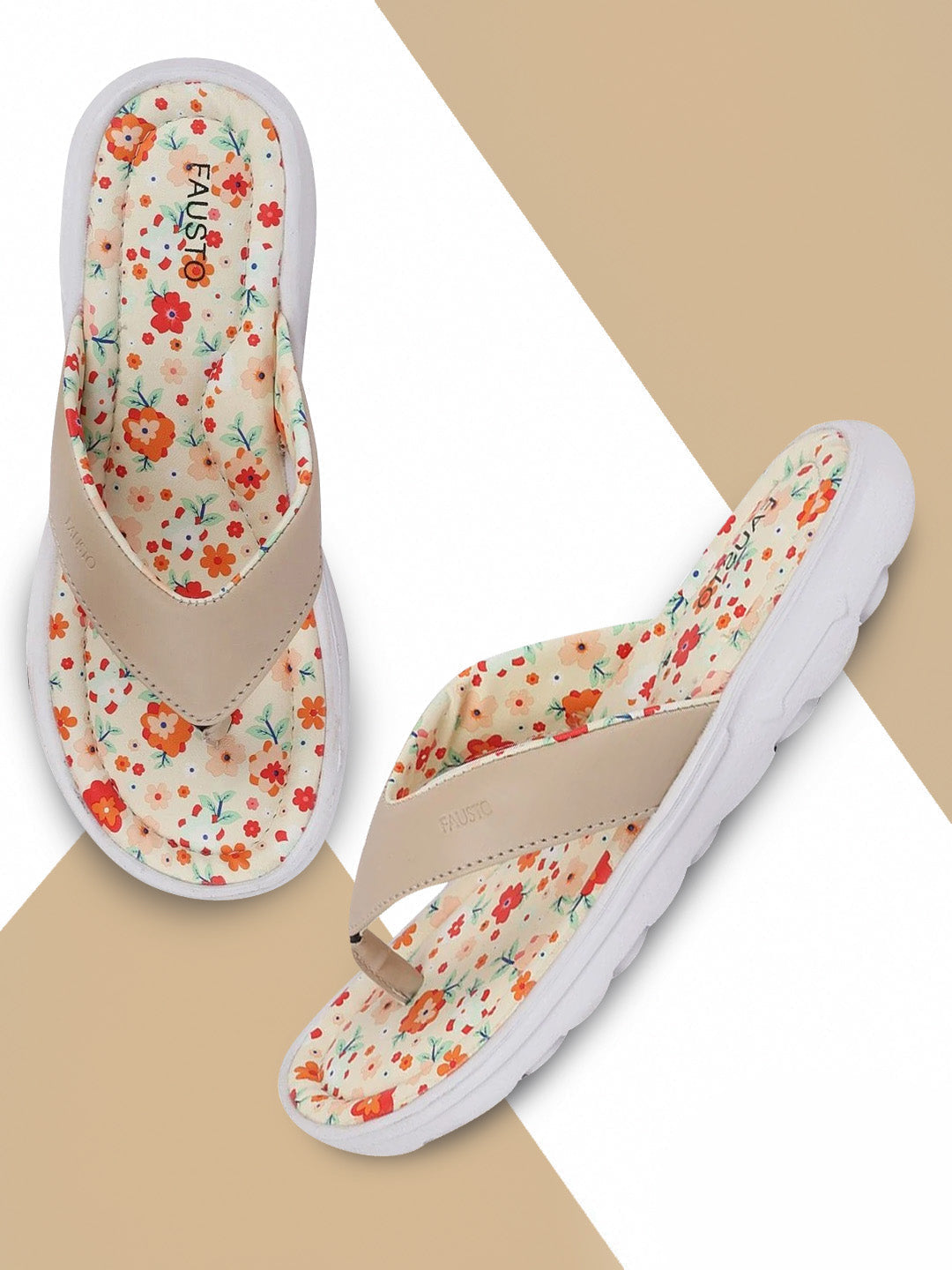 Beige Floral Women's Slippers & Flip Flops