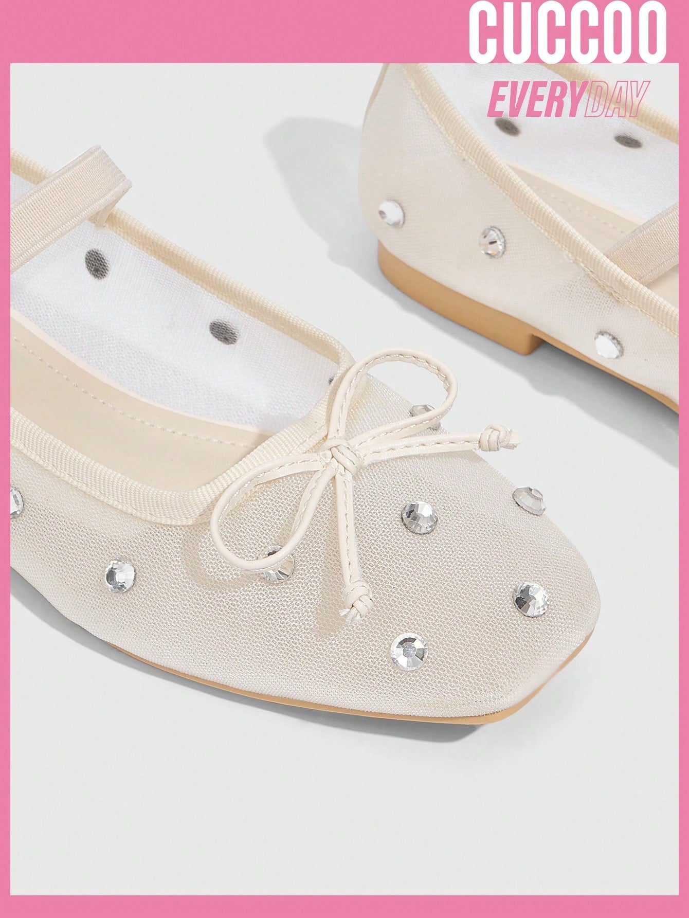 Beige Mesh & Rhinestone Ballet Flats with Bow Knot Detail for Spring and Summer - Fashionable Women's Shoes