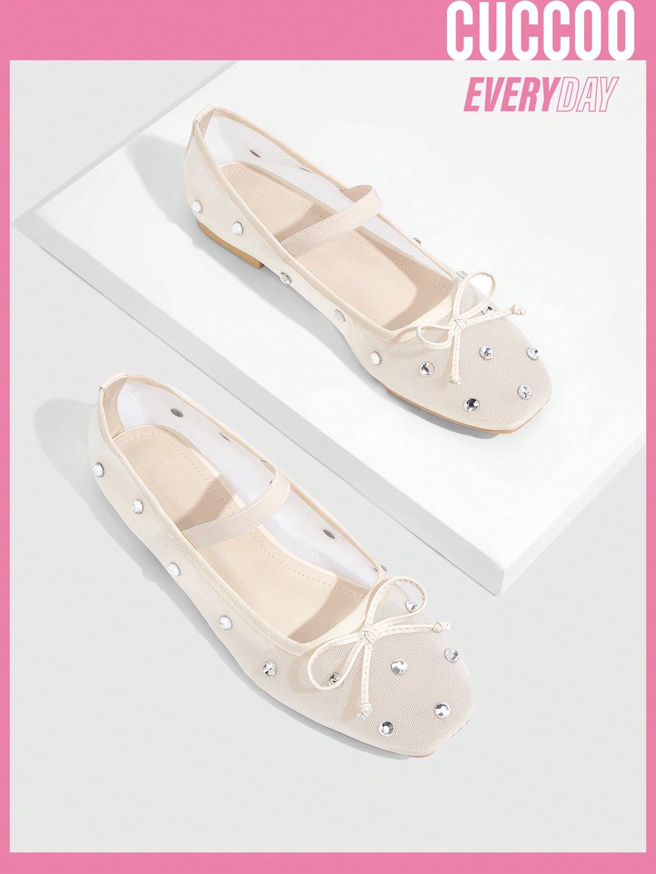 Beige Mesh & Rhinestone Ballet Flats with Bow Knot Detail for Spring and Summer - Fashionable Women's Shoes