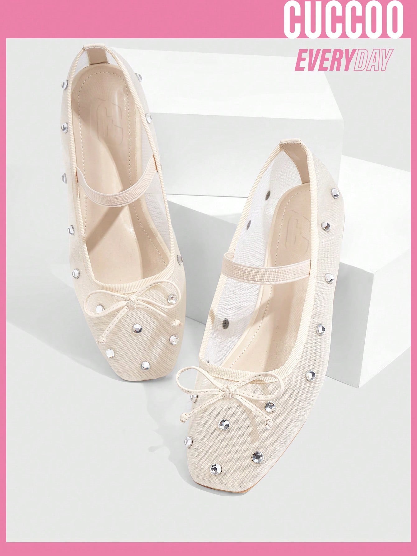 Beige Mesh & Rhinestone Ballet Flats with Bow Knot Detail for Spring and Summer - Fashionable Women's Shoes