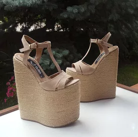 Beige Wedge Sandals, 20 cm High Heel, Espadrille