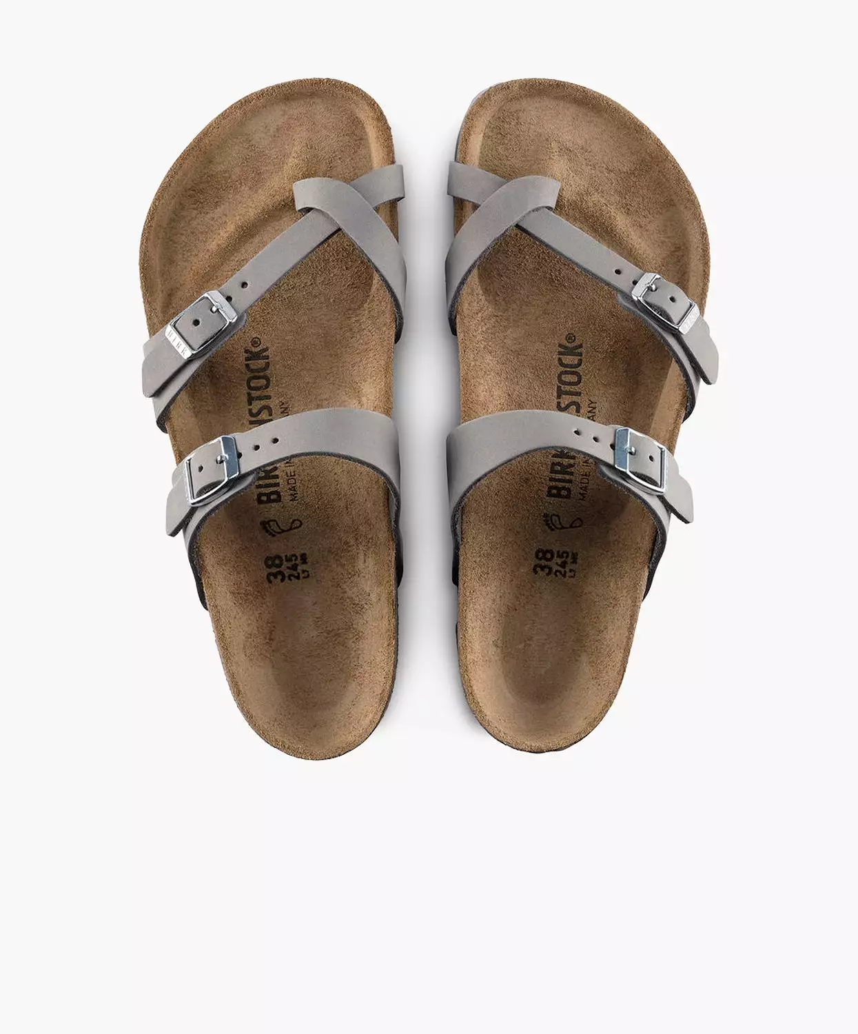 Birkenstock Mayari sandals, nubuck leather, dove grey, soft footbed.