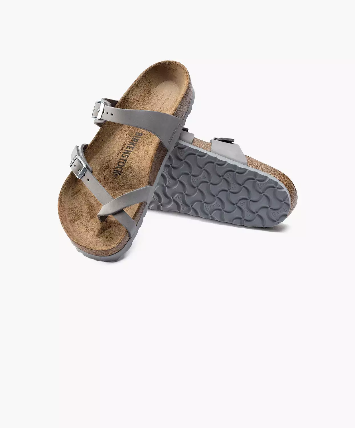 Birkenstock Mayari sandals, nubuck leather, dove grey, soft footbed.