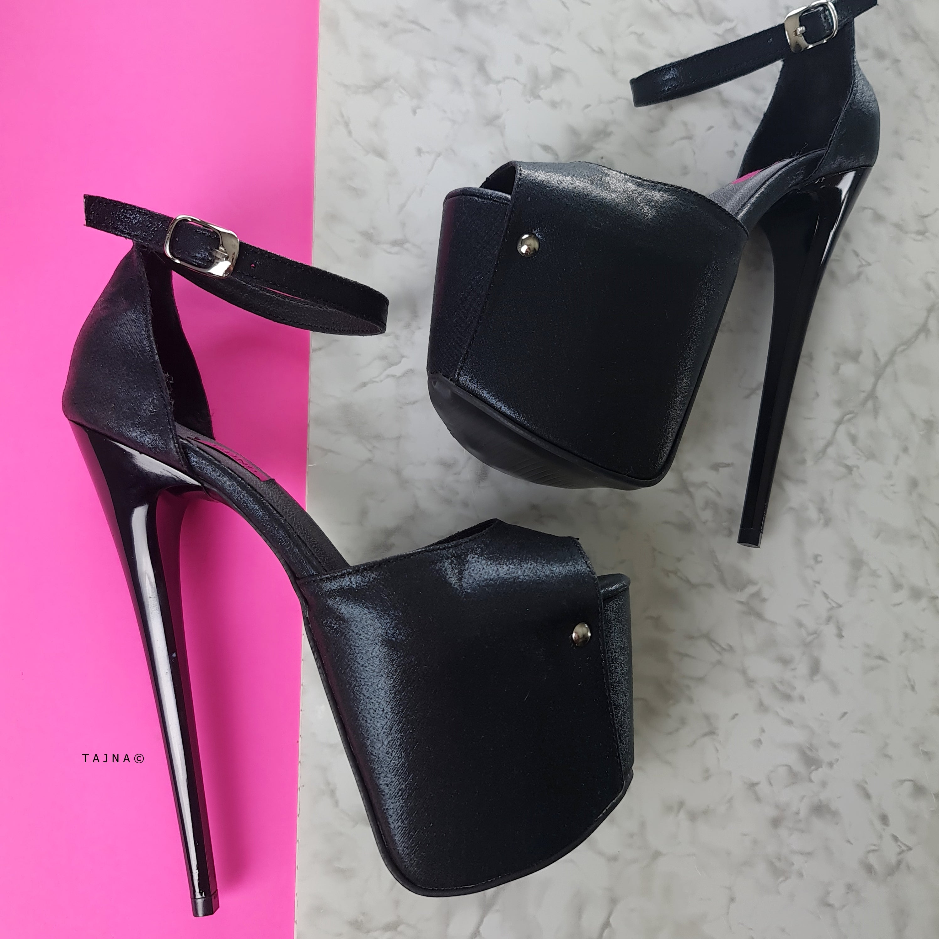 Black Ankle Strap High Heel Sandals in Satin