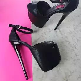 Black Ankle Strap High Heel Sandals in Satin