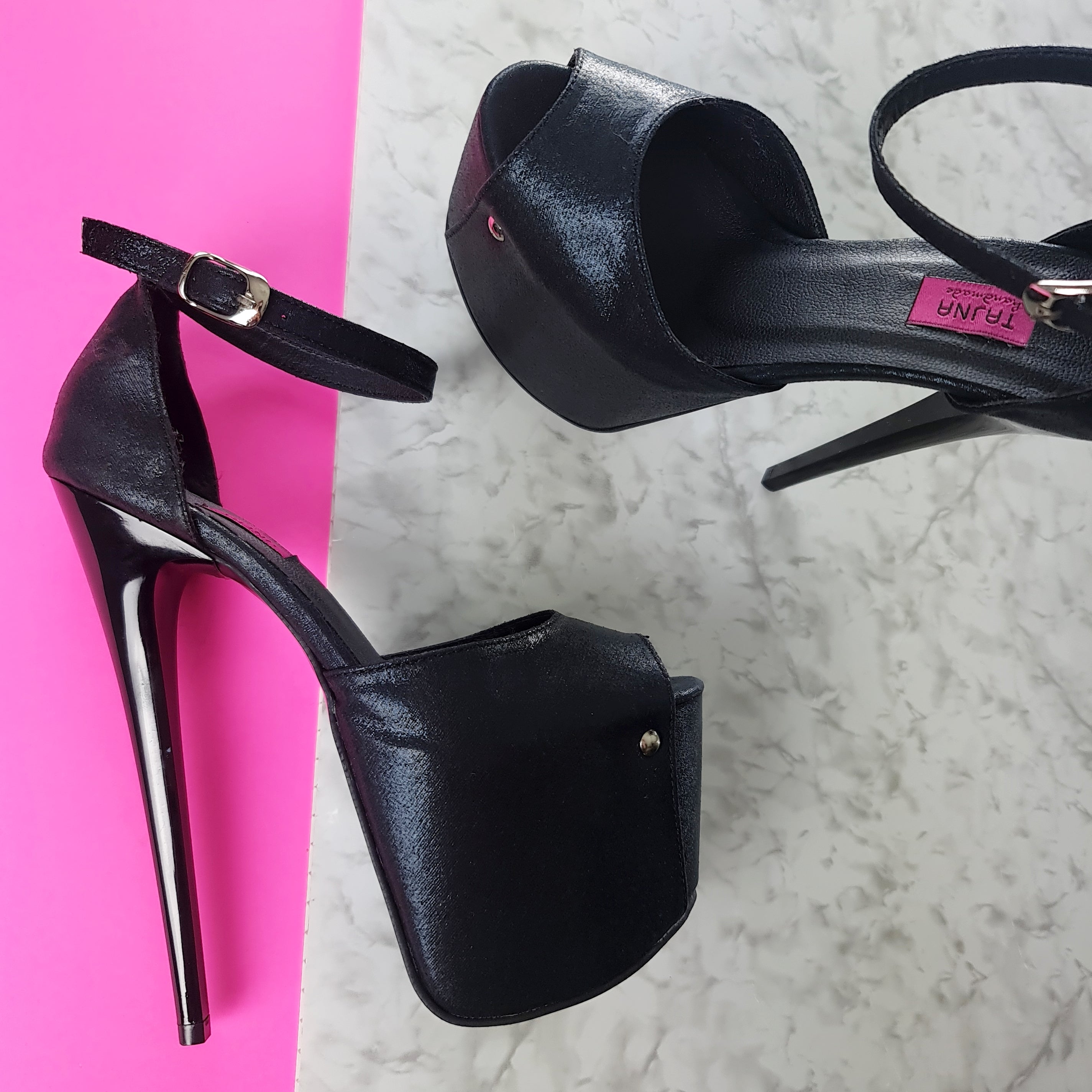 Black Ankle Strap High Heel Sandals in Satin