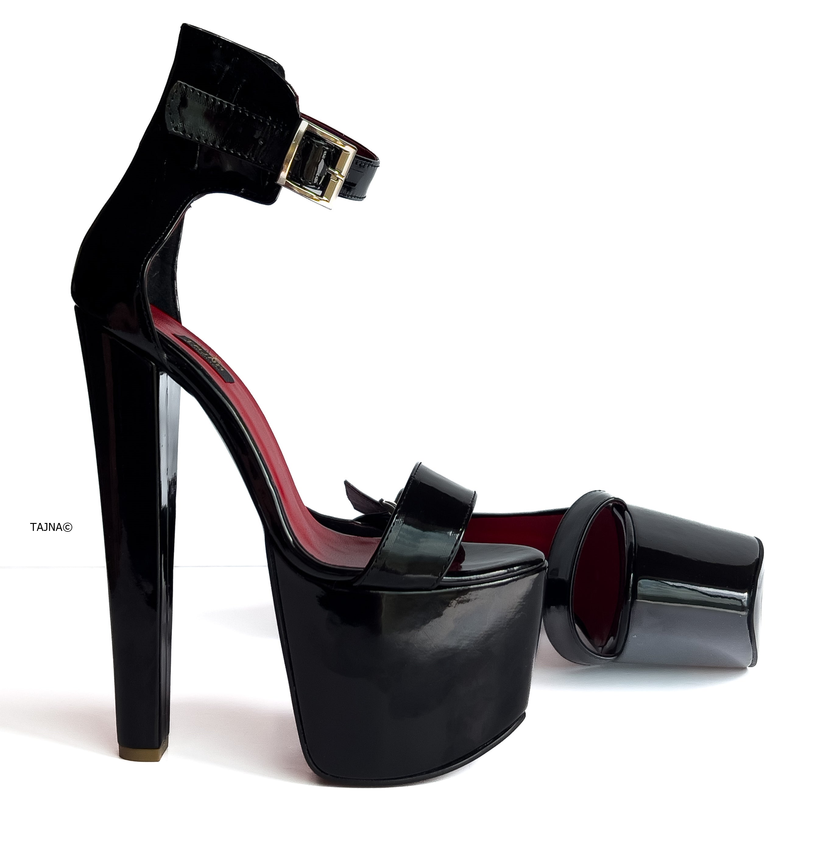 Black Chunky High Heel Sandals with Glossy Belt