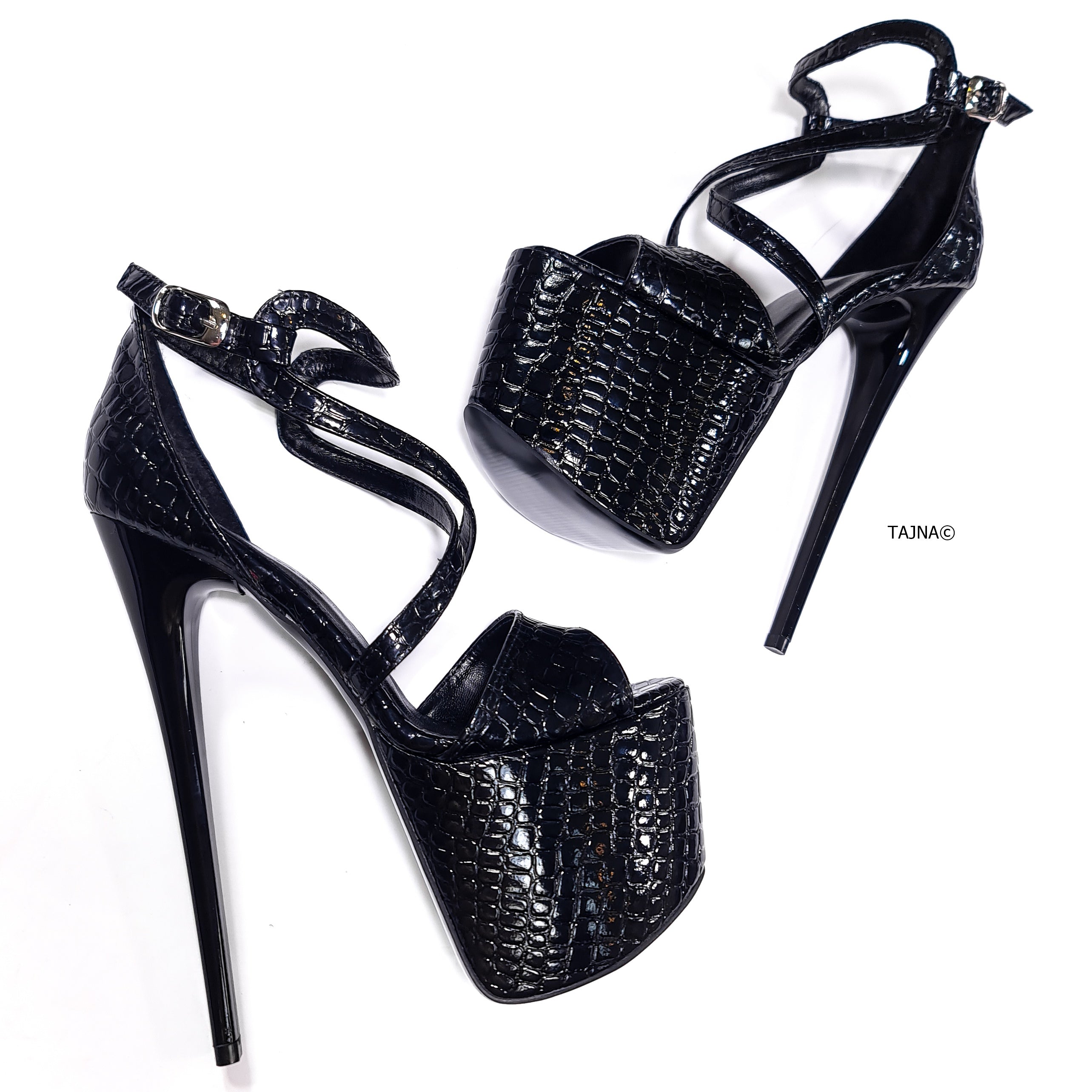 Black Croco Print High Heel Sandals