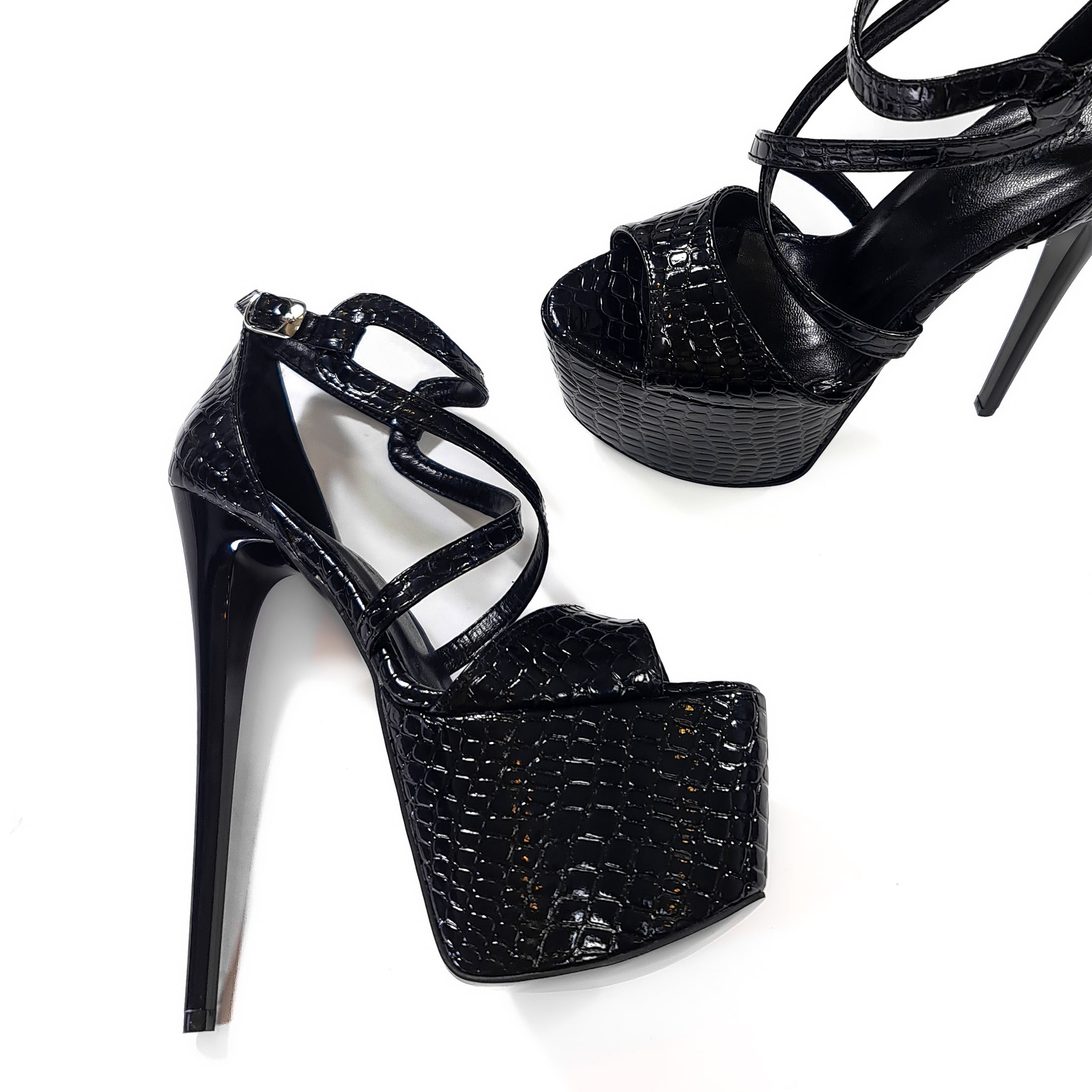 Black Croco Print High Heel Sandals