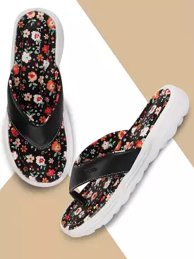 Black Floral Slippers & Flip Flops for Women