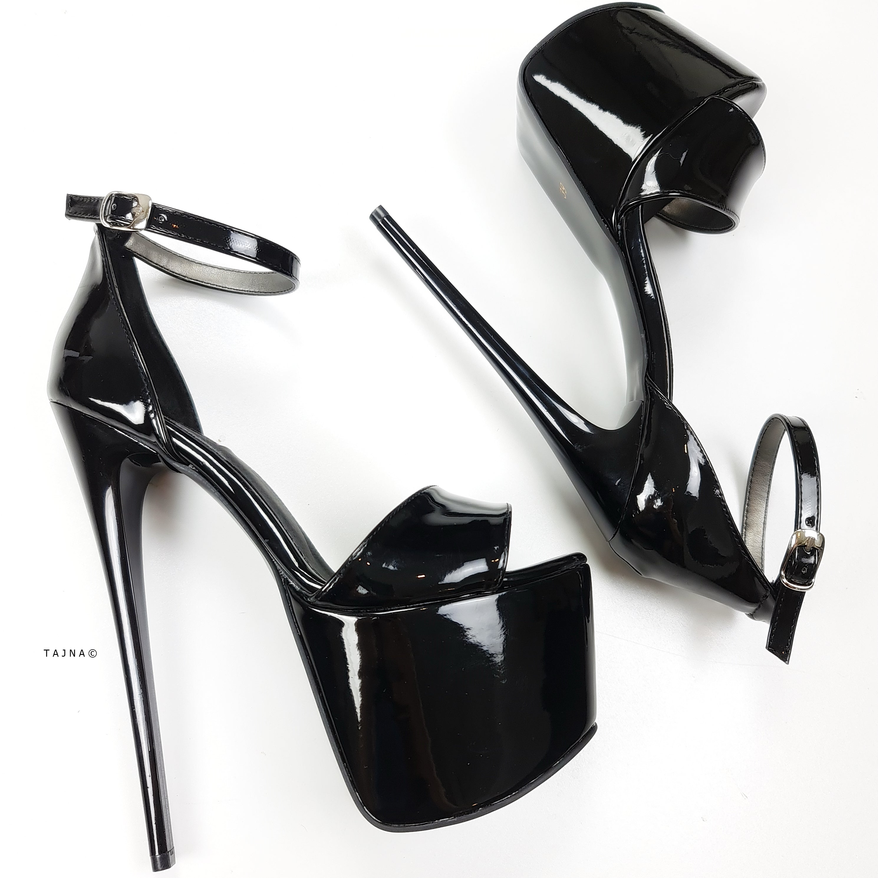 Black Gloss Pencil Heel Sandals