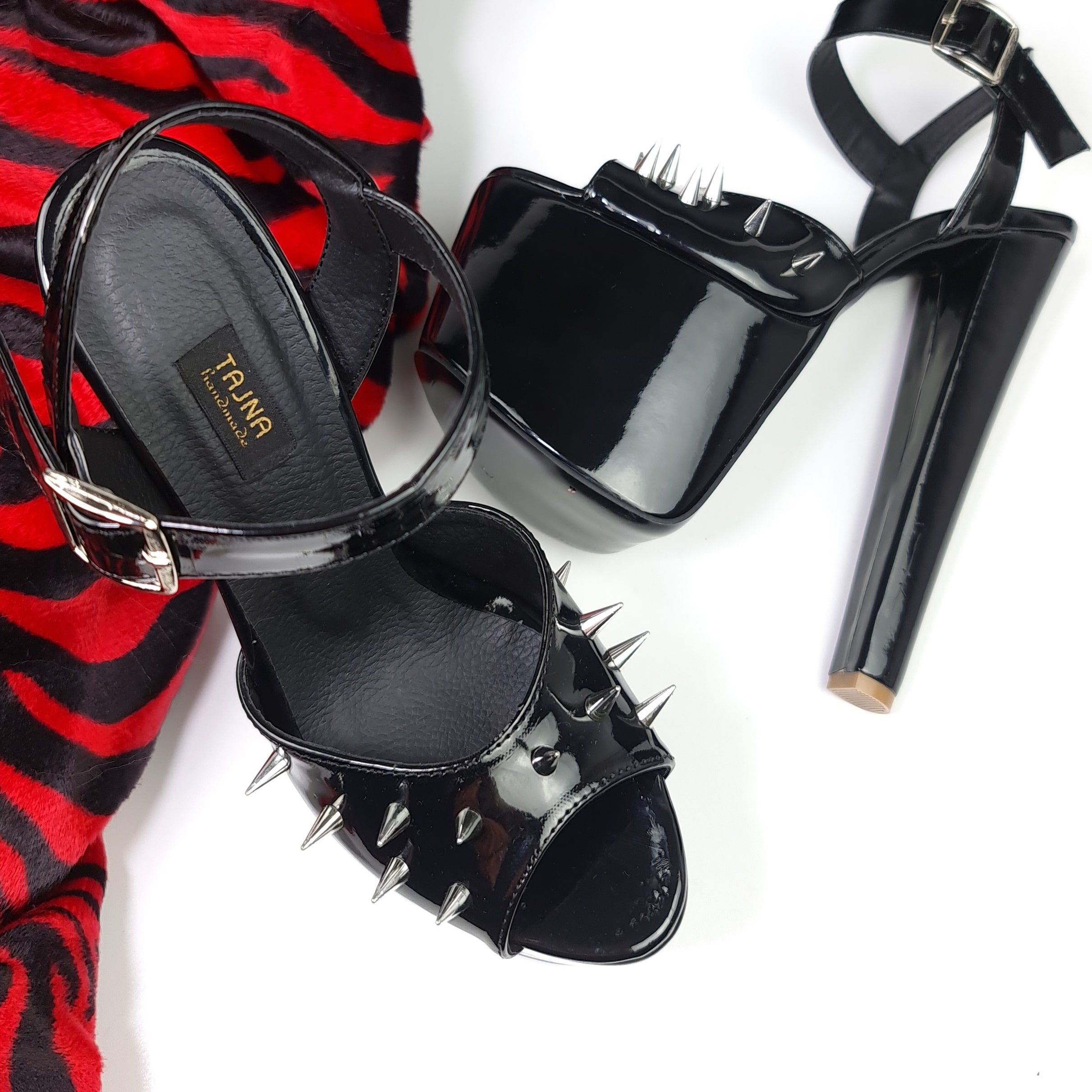 Black Heel Sandals with Glossy Spike Strap