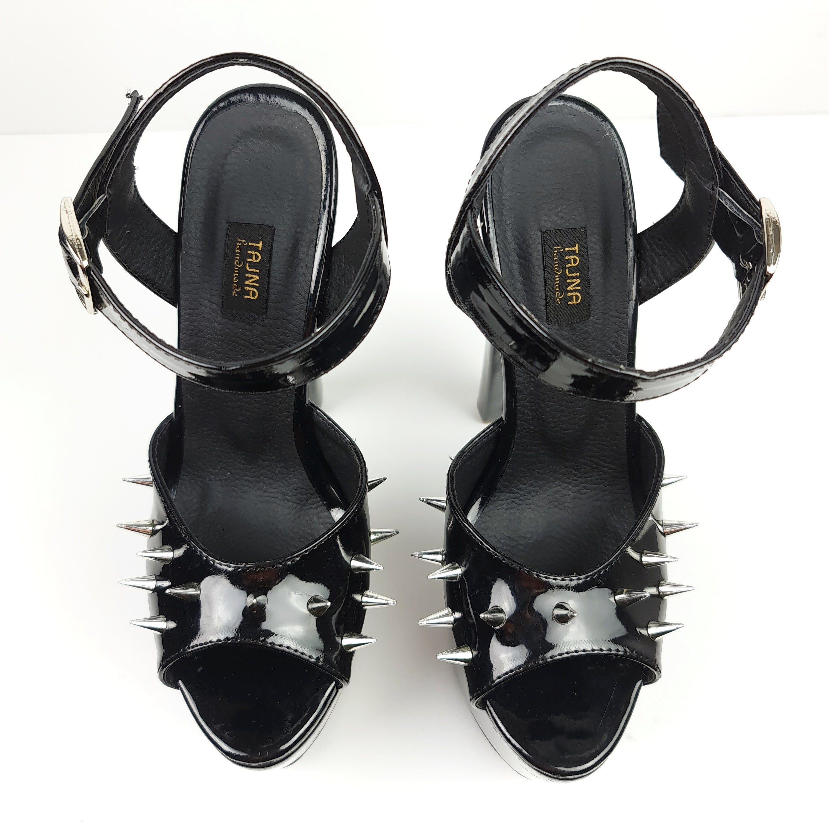 Black Heel Sandals with Glossy Spike Strap