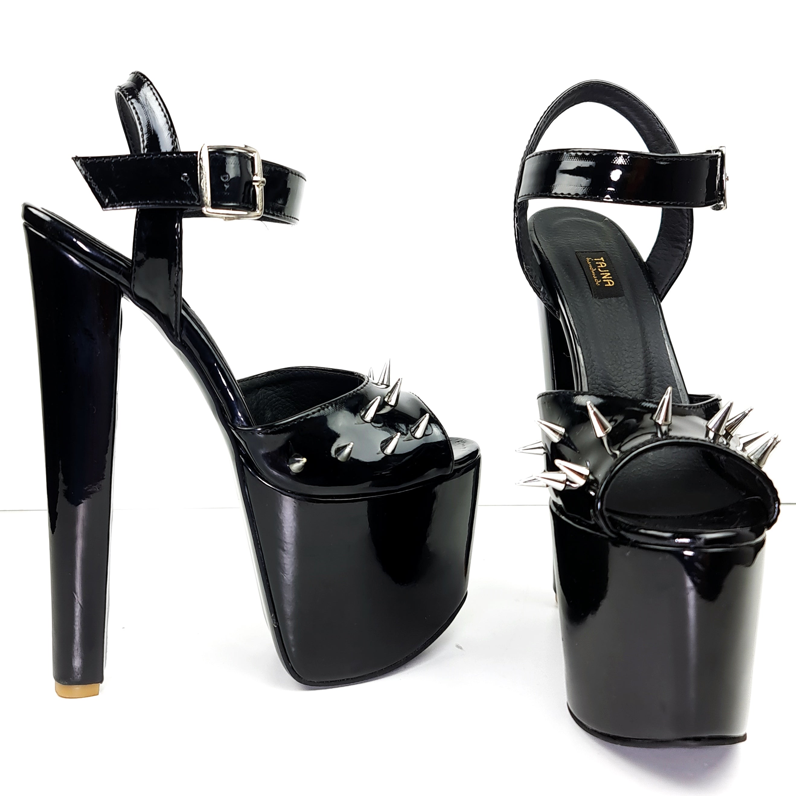 Black Heel Sandals with Glossy Spike Strap