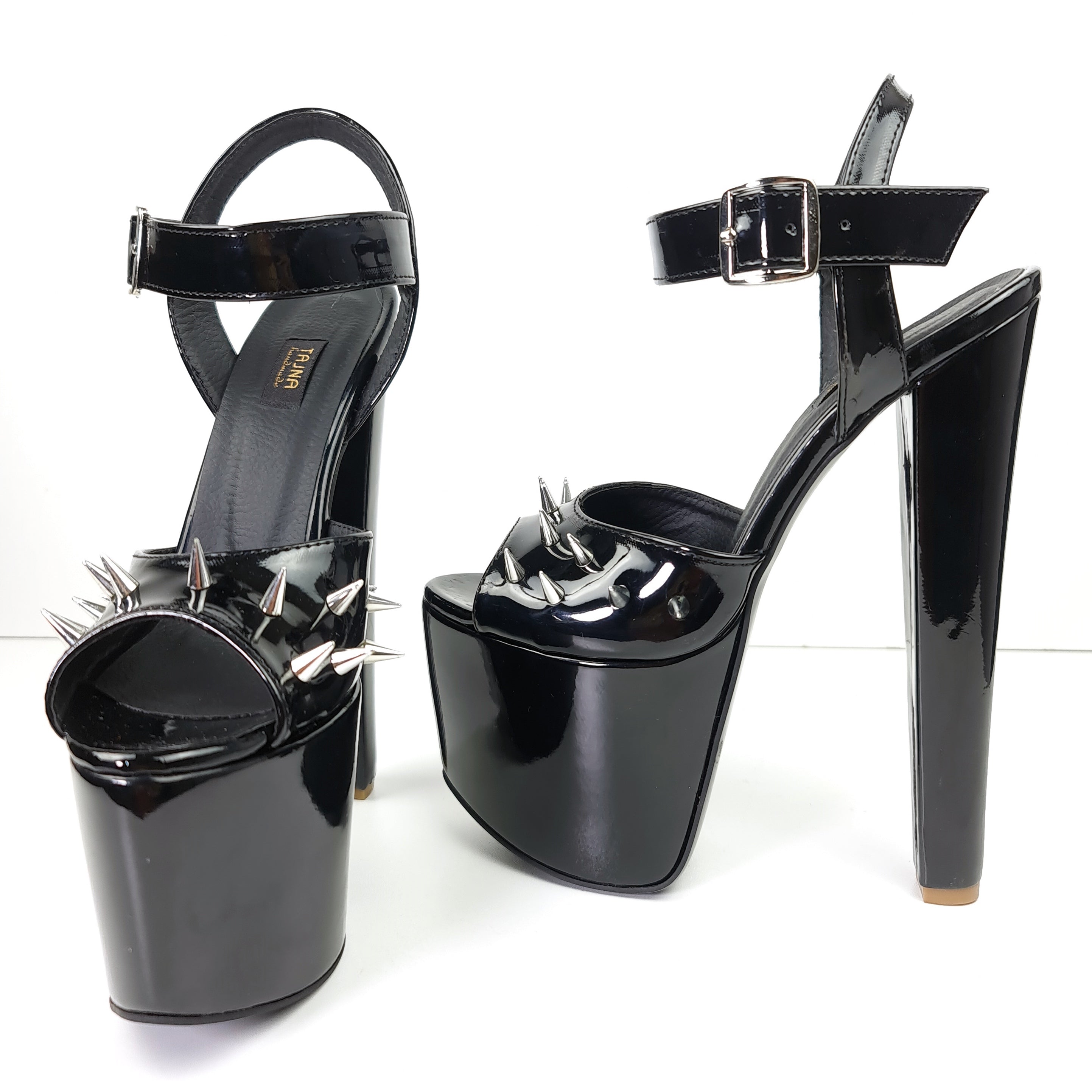 Black Heel Sandals with Glossy Spike Strap