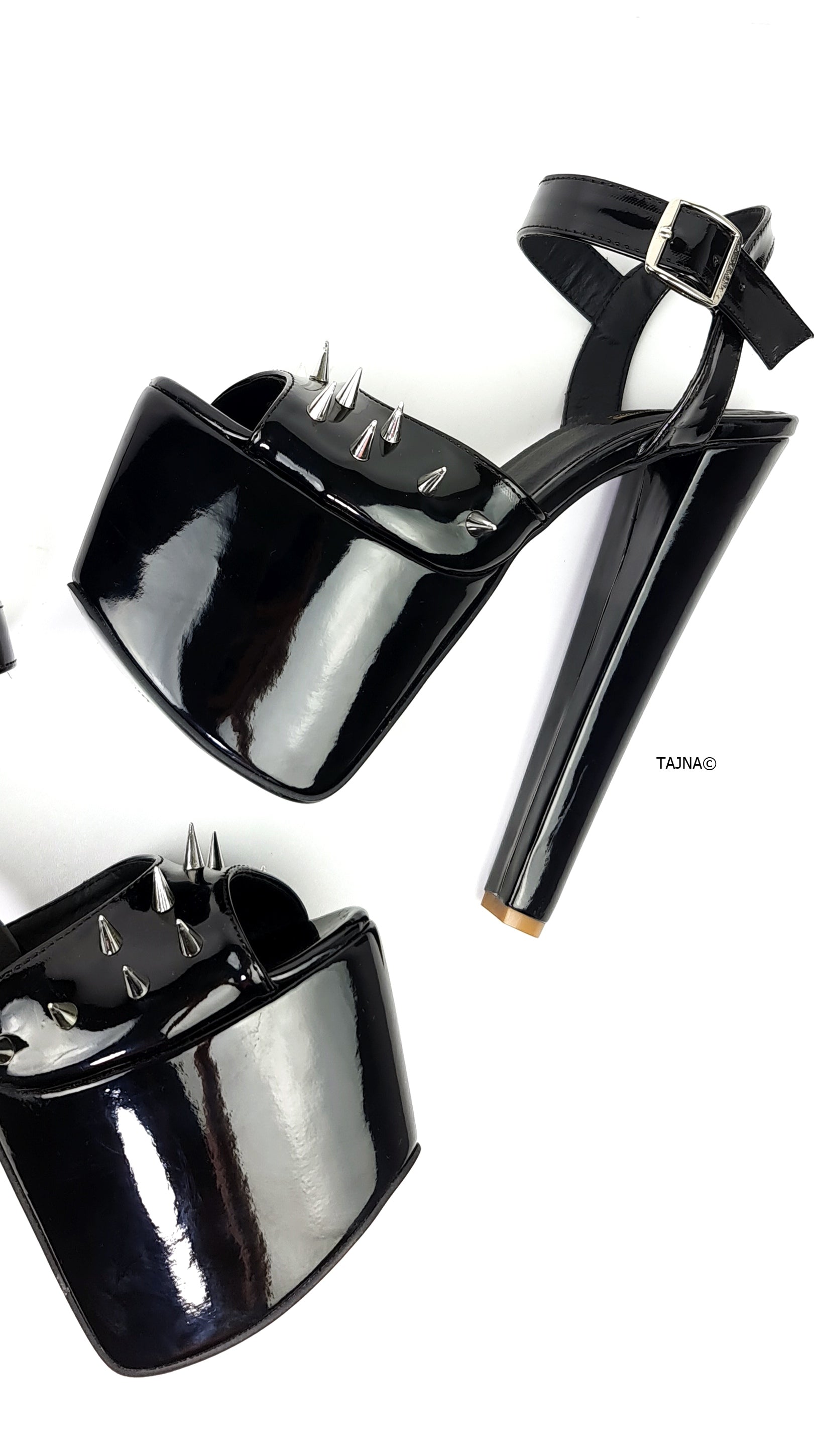 Black Heel Sandals with Glossy Spike Strap